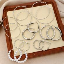 8 對簡約金屬誇張銀色珍珠細部圈形耳環 - 銀色A款 - 查看 8