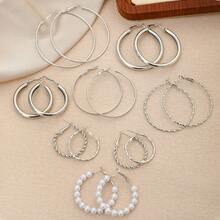 8 對簡約金屬誇張銀色珍珠細部圈形耳環 - 銀色A款 - 查看 6