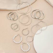 8 對簡約金屬誇張銀色珍珠細部圈形耳環 - 銀色A款 - 查看 4