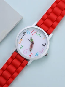 矽膠兒童手錶日內瓦鉛筆指針手錶時尚學生手錶(1入組) - 紅色 - 查看 3