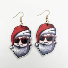 4 Pairs/set Christmas Themed Cartoon Wooden Pendant Earrings Set, Including Santa Claus, Reindeer, Candy Cane, Christmas Tree