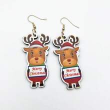 4 Pairs/set Christmas Themed Cartoon Wooden Pendant Earrings Set, Including Santa Claus, Reindeer, Candy Cane, Christmas Tree