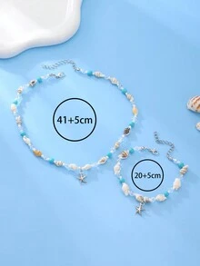 2 件套時尚波西米亞海洋主題海星、貝殼、綠松石、串珠手鍊和項鍊套裝,適合海灘、度假和旅行,男女通用 - 彩色 - 查看 7