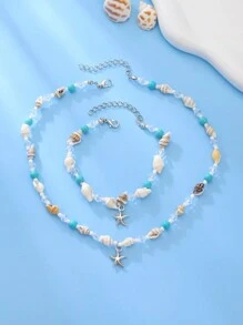 2 件套時尚波西米亞海洋主題海星、貝殼、綠松石、串珠手鍊和項鍊套裝,適合海灘、度假和旅行,男女通用 - 彩色 - 查看 1