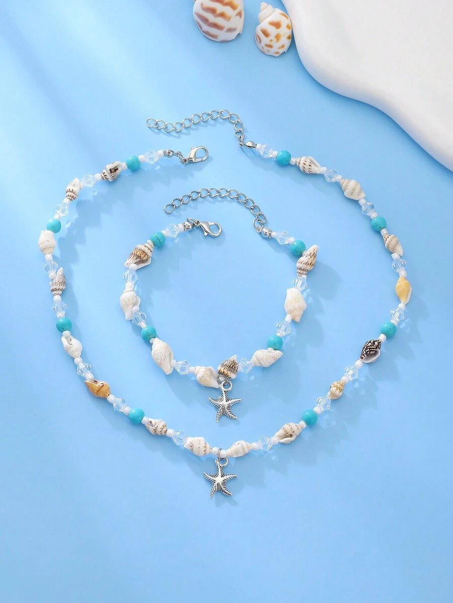 2 件套時尚波西米亞海洋主題海星、貝殼、綠松石、串珠手鍊和項鍊套裝,適合海灘、度假和旅行,男女通用 - 彩色 - 查看 1