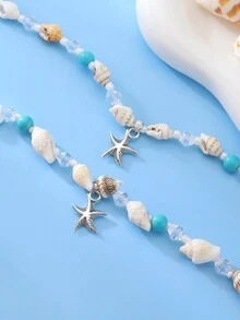 2 件套時尚波西米亞海洋主題海星、貝殼、綠松石、串珠手鍊和項鍊套裝,適合海灘、度假和旅行,男女通用 - 彩色 - 查看 5