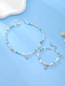 2 件套時尚波西米亞海洋主題海星、貝殼、綠松石、串珠手鍊和項鍊套裝,適合海灘、度假和旅行,男女通用 - 彩色 - 查看 4