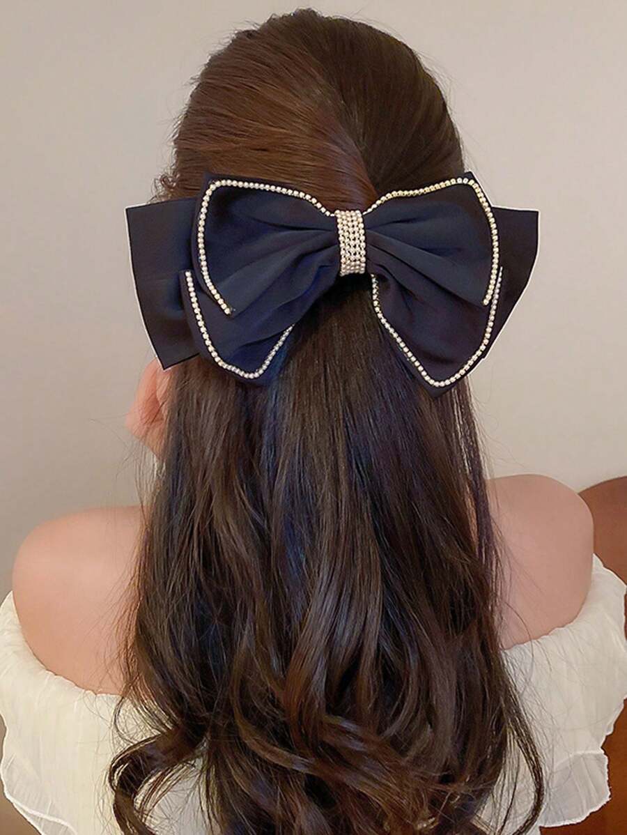 1 件黑色蝴蝶結和珍珠裝飾布料法式復古髮夾 - 黑色 - 查看 1