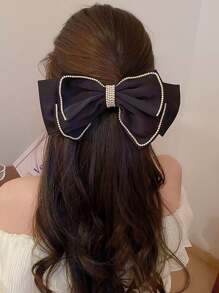 1 件黑色蝴蝶結和珍珠裝飾布料法式復古髮夾 - 黑色 - 查看 2