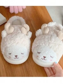 女士可愛的冬季室內防滑厚底白色羊動物形狀拖鞋，溫暖舒適 - 米色 - 查看 4