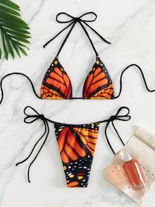 Women's Butterfly Print Sexy Bikini Swimwear, Tie-Up Thong Swimwear, Summer