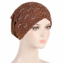 New Plain Rhinestone Decor Ladies Turban Cap - Women's Head Wrap Hat - Coffee Brown - View 10