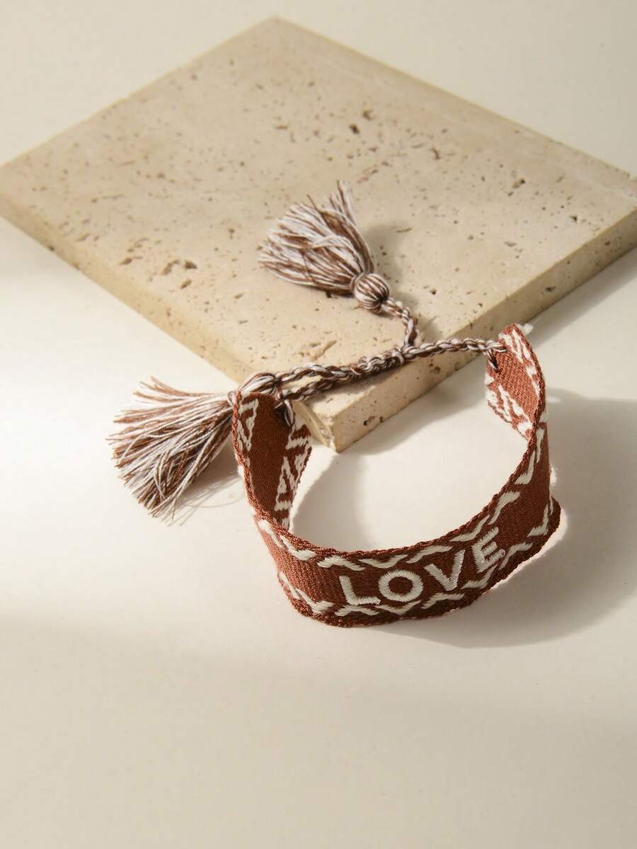 1pc Men's Brown Stripe Pattern Embroidered Handmade Braided Bracelet With 'love' Detail - Multicolor - View 1