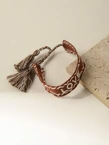 1pc Men's Brown Stripe Pattern Embroidered Handmade Braided Bracelet With 'love' Detail - Multicolor - View 4