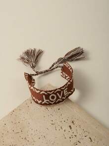1pc Men's Brown Stripe Pattern Embroidered Handmade Braided Bracelet With 'love' Detail - Multicolor - View 6