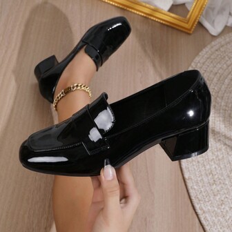 2023 New Arrival Fashionable Square Toe Comfortable Chunky High Heel Leather Shoes For Women, All Season