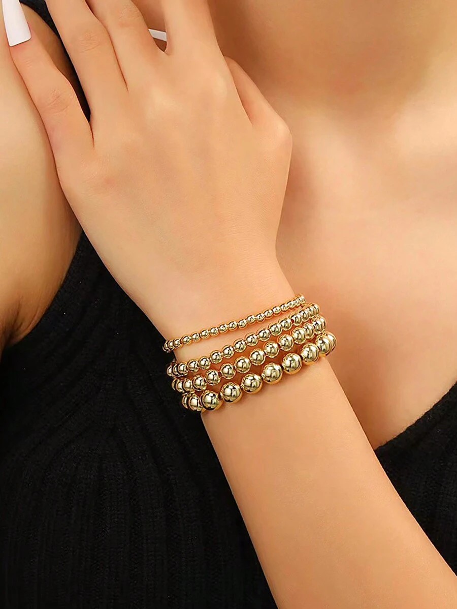 4pcs/set Fashionable Ccb Beaded Elastic Bracelet, Simple And Personalized Style - Yellow Gold - View 1