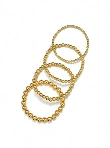 4pcs/set Fashionable Ccb Beaded Elastic Bracelet, Simple And Personalized Style - Yellow Gold - View 2