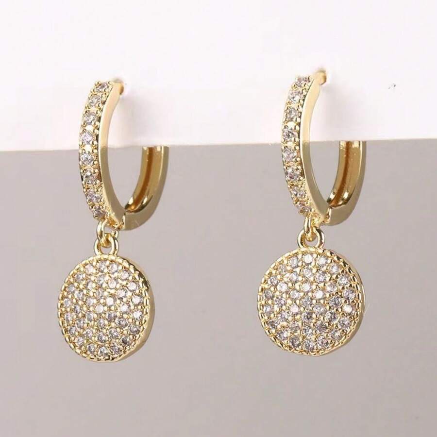 1pair Simple & Fashionable All-match Design Geometric Circle Earrings With Full Diamonds Coating For Daily Wear And Commuting - G - View 1