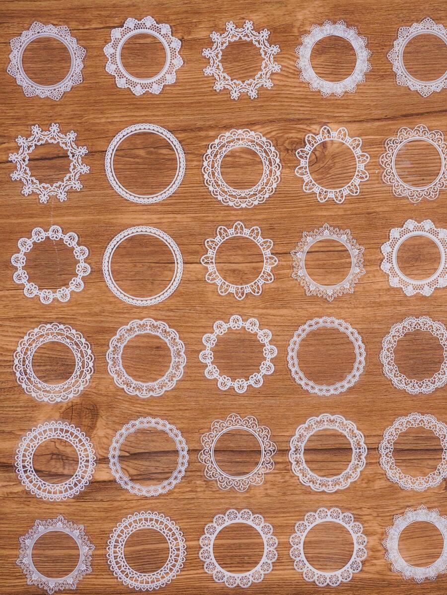 30 个/包白色圆形蕾丝贴纸 - 宠物防水，不对称图案，非常适合手机和电脑的装饰或基础材料 - 白色 - 查看 1