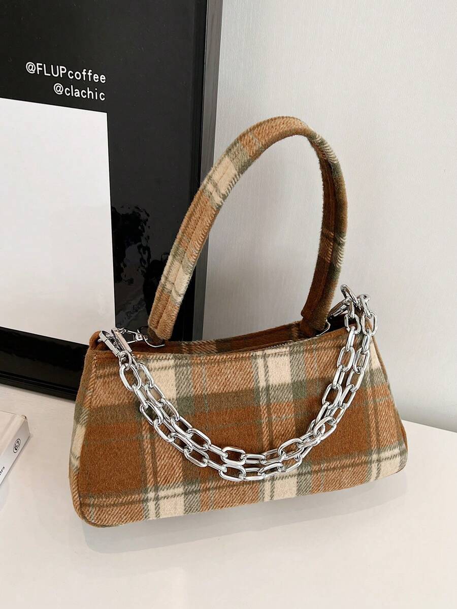 格紋休閒簡約時尚多功能肩背包 - 棕色 - 查看 1