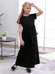 Vestido tipo blusa con bolsillo inclinado liso para niña preadolescente - Negro - Ver 1