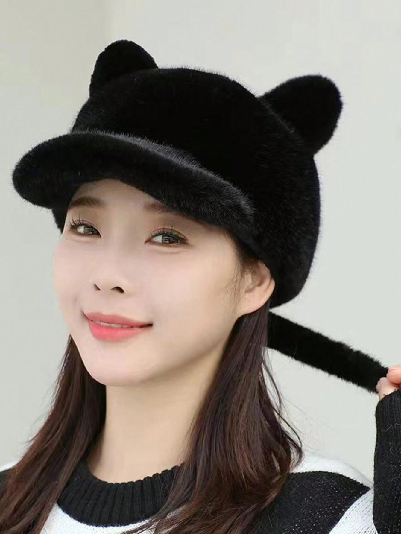 1pc Women's Black Cat Ear With Tail Baseball Hat Cute for Sale