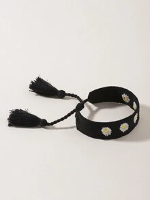 1pc Men's Black Embroidered Daisy Handmade Braided Bracelet - Multicolor - View 5