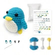 1 件蓝色企鹅钩针可爱钩针娃娃 DIY 手工材料套件套装多种选择，初学者钩针套件，附带易学纱线，非常适合初学者钩针套件，附带分步视频教程，适合用作包、钥匙扣、书包等配饰，必备休闲 - 藍色 - 查看 2