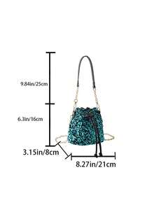 Sequin Bag 1pc Blue Sparkly Glitter Drawstring Bucket Bag With Chain Strap For Women - Crossbody Shoulder Handbag For Lady,Party Girl Perfect for Party,Wedding Perfect match with prom dress, holiday party dress,cocktail dress and christmas dress - Blue - View 8