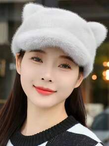 1pc Women's Pearl White  Cat Ear With Tail Baseball Hat - White - View 3