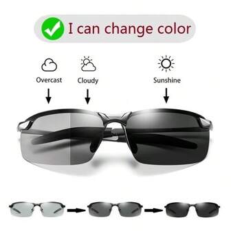 1 Pair Classic Photochromic Polarized Metal Frame Glasses For Men, Half-Frame Driving, Fishing, Cycling Specific Color-Changing Glasses, Day & Night Dual-Use, UV400 Protection, Unisex