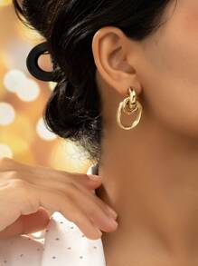 一对不对称几何形状复古欧美风格金属质感优雅个性化耳钉 - 金黃色 - 查看 1