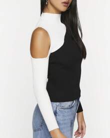 Open-Shoulder Colorblock Sweater - 黑色 - 查看 5