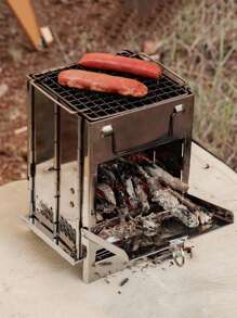 1pc Multifunctional Square Firewood Stove Outdoor Bbq Mini Grill Foldable Barbecue Rack For Camping, Kitchen Stuff - Silver - View 3