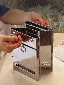 1pc Multifunctional Square Firewood Stove Outdoor Bbq Mini Grill Foldable Barbecue Rack For Camping, Kitchen Stuff - Silver - View 6