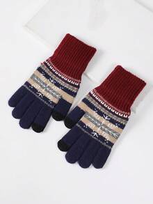 一双海军蓝圣诞雪花手套，男女通用情侣冬季保暖手套，带毛绒内衬，厚实全指针织手套，适合户外运动 - 藏蓝色 - 查看 2