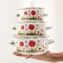3pcs/set 12-14-16cm Enamel Pot With Glass Cover, Mini Pot, Full Flower Multi-purpose Soup Pot