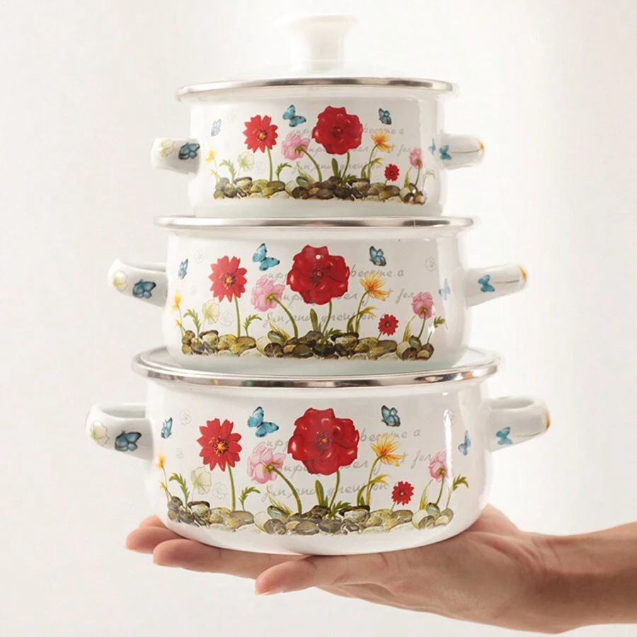 3pcs/set 12-14-16cm Enamel Pot With Glass Cover, Mini Pot, Full Flower Multi-purpose Soup Pot