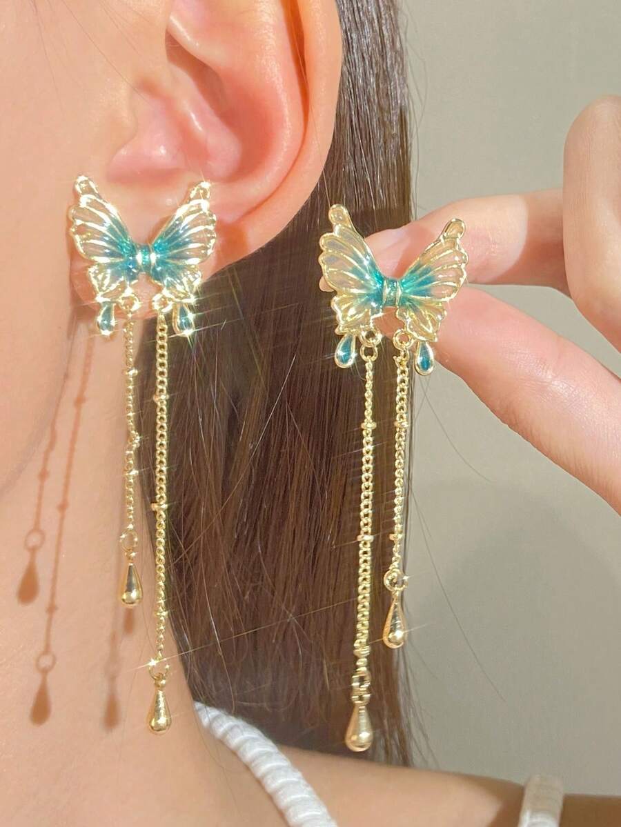 1 đôi Thiết kế mới Sản phẩm chăm sóc cá nhân Màu xanh lá Loại bướm Bông tai stud Với Tua chi tiết , Chic & Sành điệu Hoa tai Phụ kiện - Bươm bướm - Xem 1