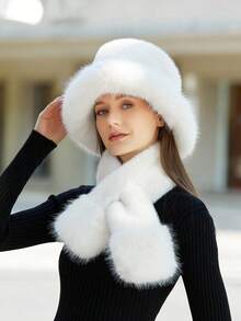LEAJOURNO. 一套毛皮桶帽與圍巾,2入組冬季女性釣魚帽和頸部保暖套裝,防風保暖又優雅 - 白色 - 查看 4