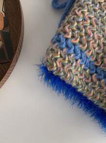 Mũ dệt kim tai sọc khối màu Y2K có sừng, khăn quấn đầu có tua rua rỗng được làm thủ công theo phong cách cổ điển dành cho nữ, Xuân/Hè/Bốn mùa, thoáng khí, đa năng, mũ nơ thắt nơ màu hỗn hợp - Màu xanh lam - Xem 7