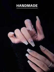 GIRL PLUS Girlplus 10入組手工假指甲,長棺材形狀,漸層米色法式鑽石設計,時尚的指甲套裝,適合女性和女孩的日常穿著