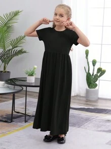 Vestido tipo blusa con bolsillo inclinado liso para niña preadolescente - Negro - Ver 5