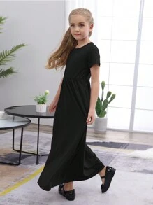 Vestido tipo blusa con bolsillo inclinado liso para niña preadolescente - Negro - Ver 4