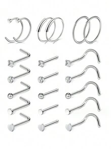21 Pcs Nose Rings Hoop for Women Nose Piercings Jewelry Nose Stud L Shape Nose Screw Hypoallergenic Nostril Stainless Steel Nose Rings Studs for Men - mixed style - View 8