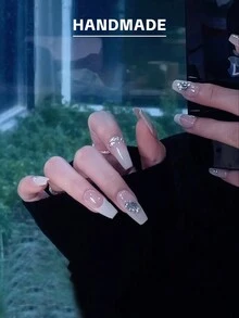 GIRL PLUS Girlplus 10入組手工假指甲,長棺材形狀,漸層米色法式鑽石設計,時尚的指甲套裝,適合女性和女孩的日常穿著