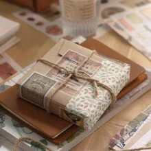 SIMNO 1冊50張大尺寸的復古美學手工造紙背景紙,包括30張貼紙和20張材料紙,創意企劃裝飾材料專為個性化手工誌而設,適用於學校文具(21cm*14cm) - 棕色 - 查看 3