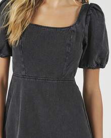Denim Puff-Sleeve Mini Dress - Grey - View 4