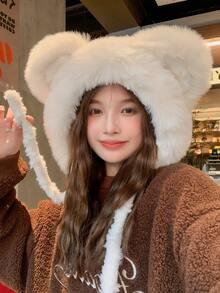 1頂女式耳帽捕獸者帽,暖和毛絨帽帶可愛的耳朵,冬季防風防雪帽 - 白色 - 查看 2